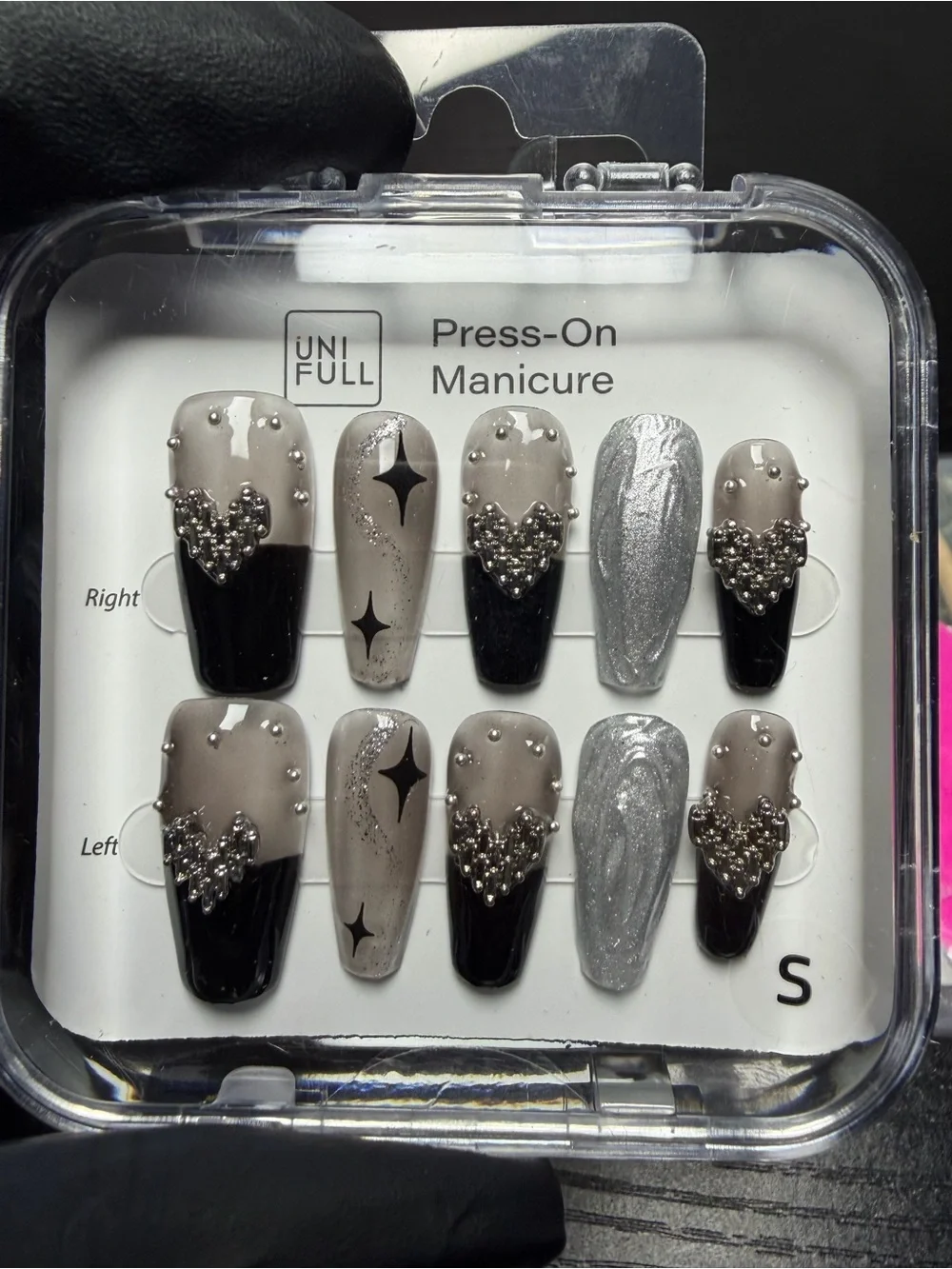 Press-On Manicure Nail Kit with Black and Silver Decorative Nails